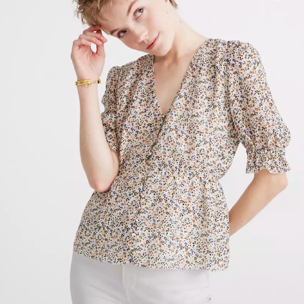 Madewell Silk V-Neck Peplum Popover Top